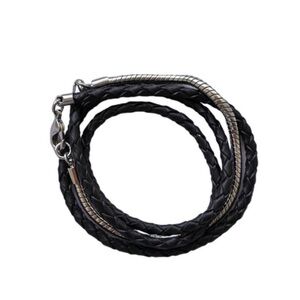 BeBe Silver Braided Black Leather Wrap Bracelet